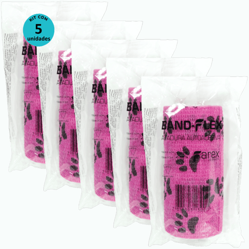 Atadura 10cm Rosa Com Patinhas Band-Flex Autoadesiva Para Animais Farex Kit Com 5